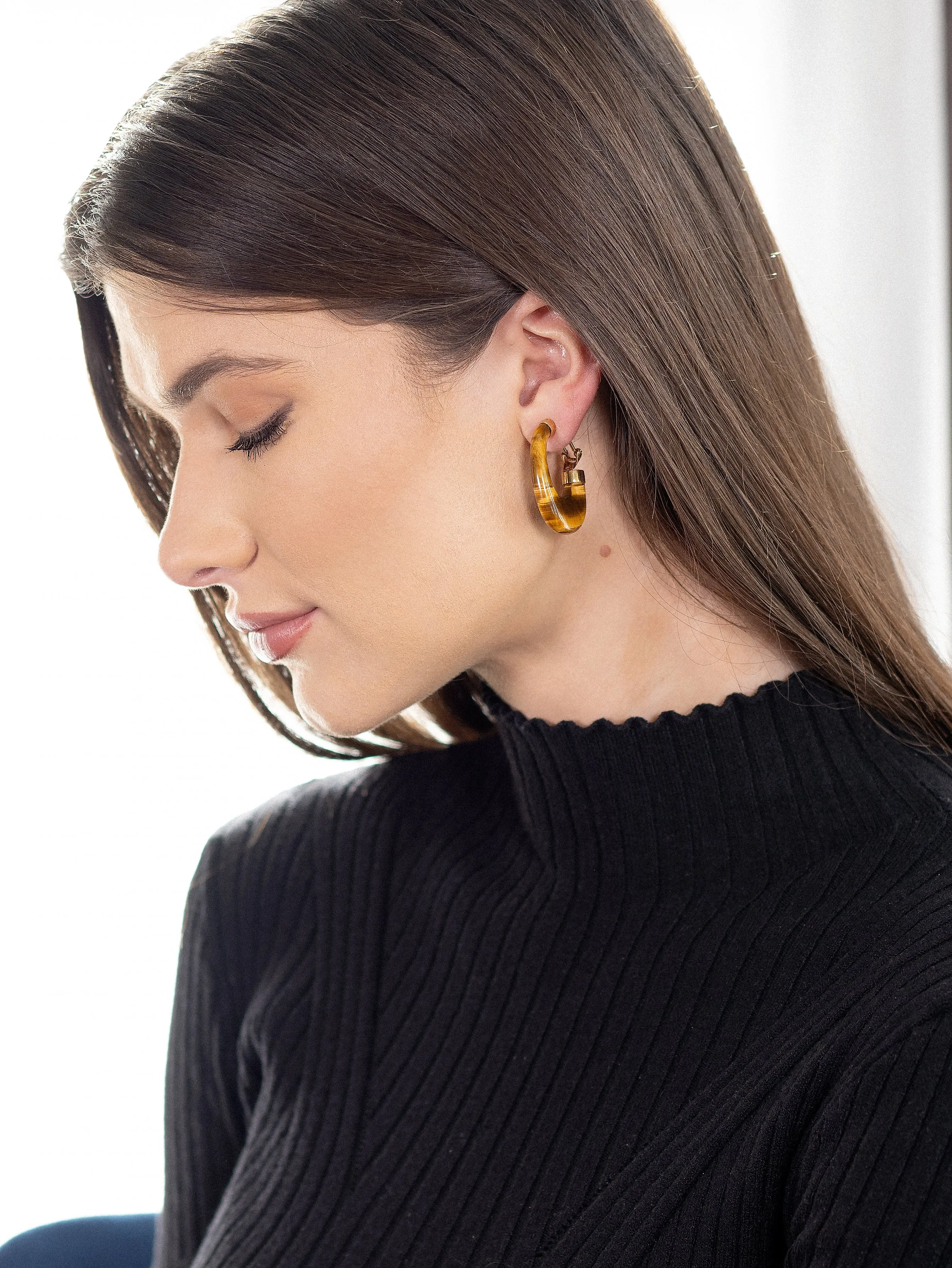 1970's Tiger's Eye 14 Karat Yellow Gold Vintage J hoop Earring