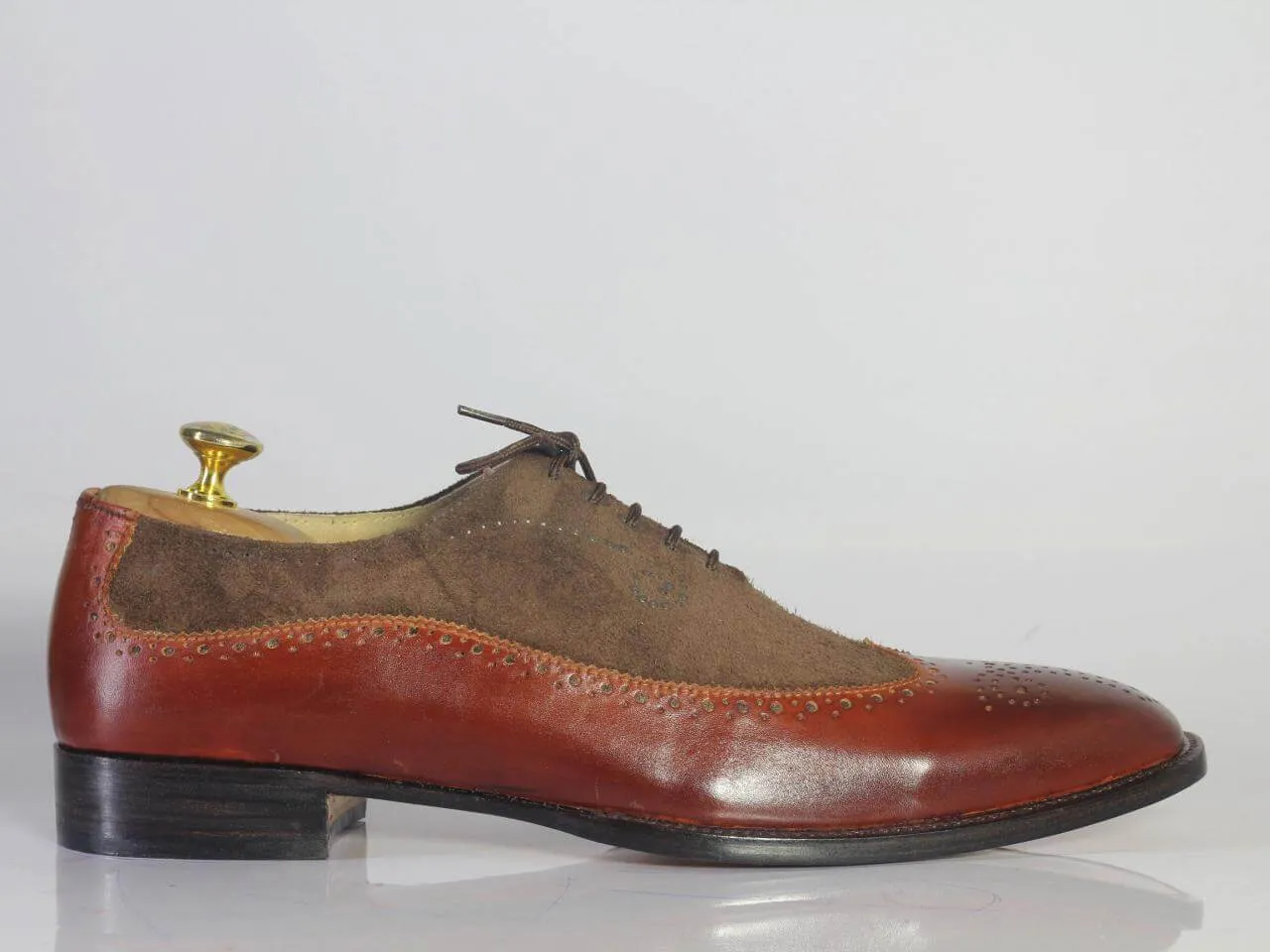 Handmade 2 tone Brown Leather Suede Shoes, Men's Wing Tip Brogue Dress Shoes