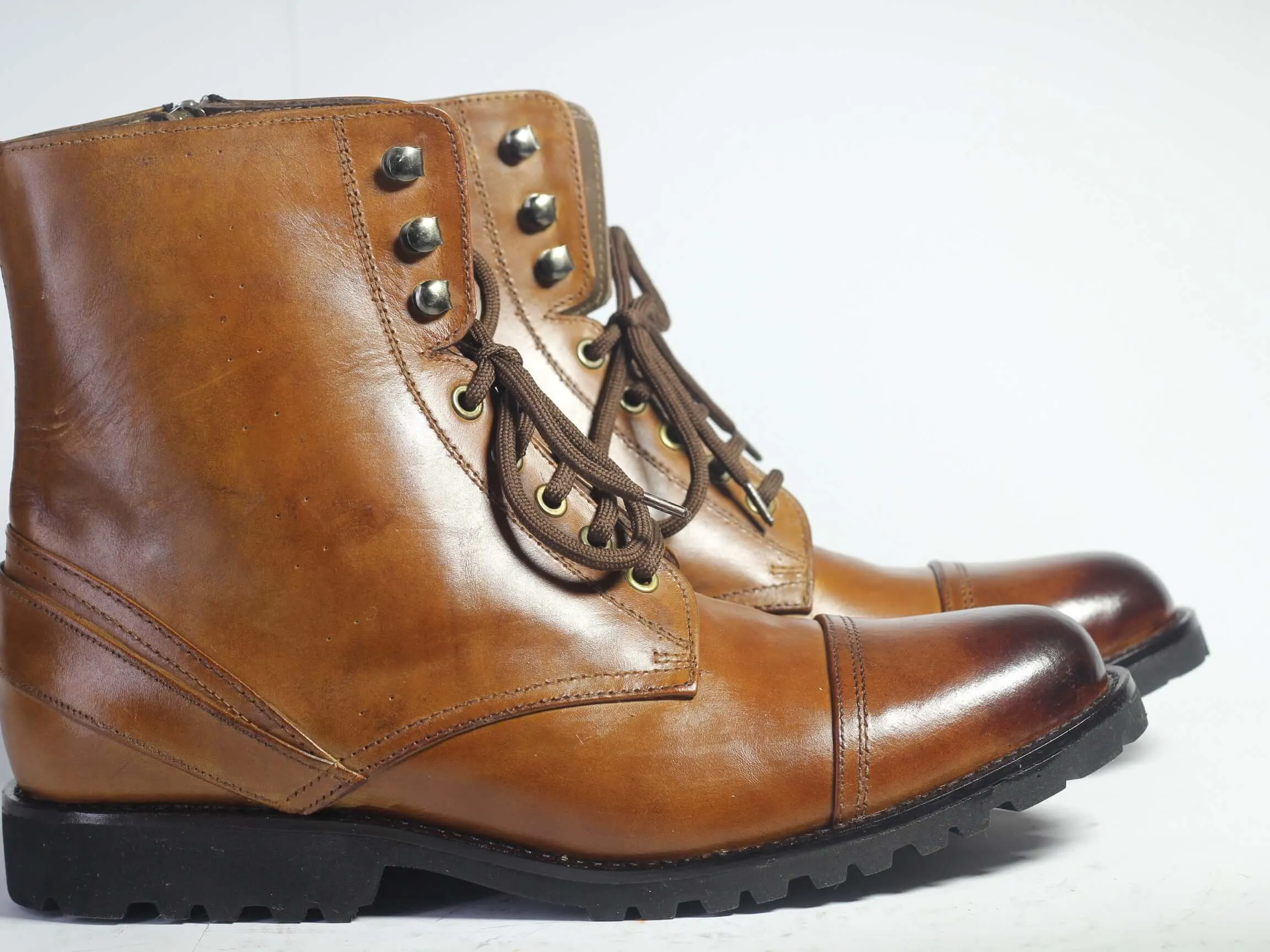 Handmade Brown Cap Toe Leather Lace Up Boots, Men Ankle High Designer Boots