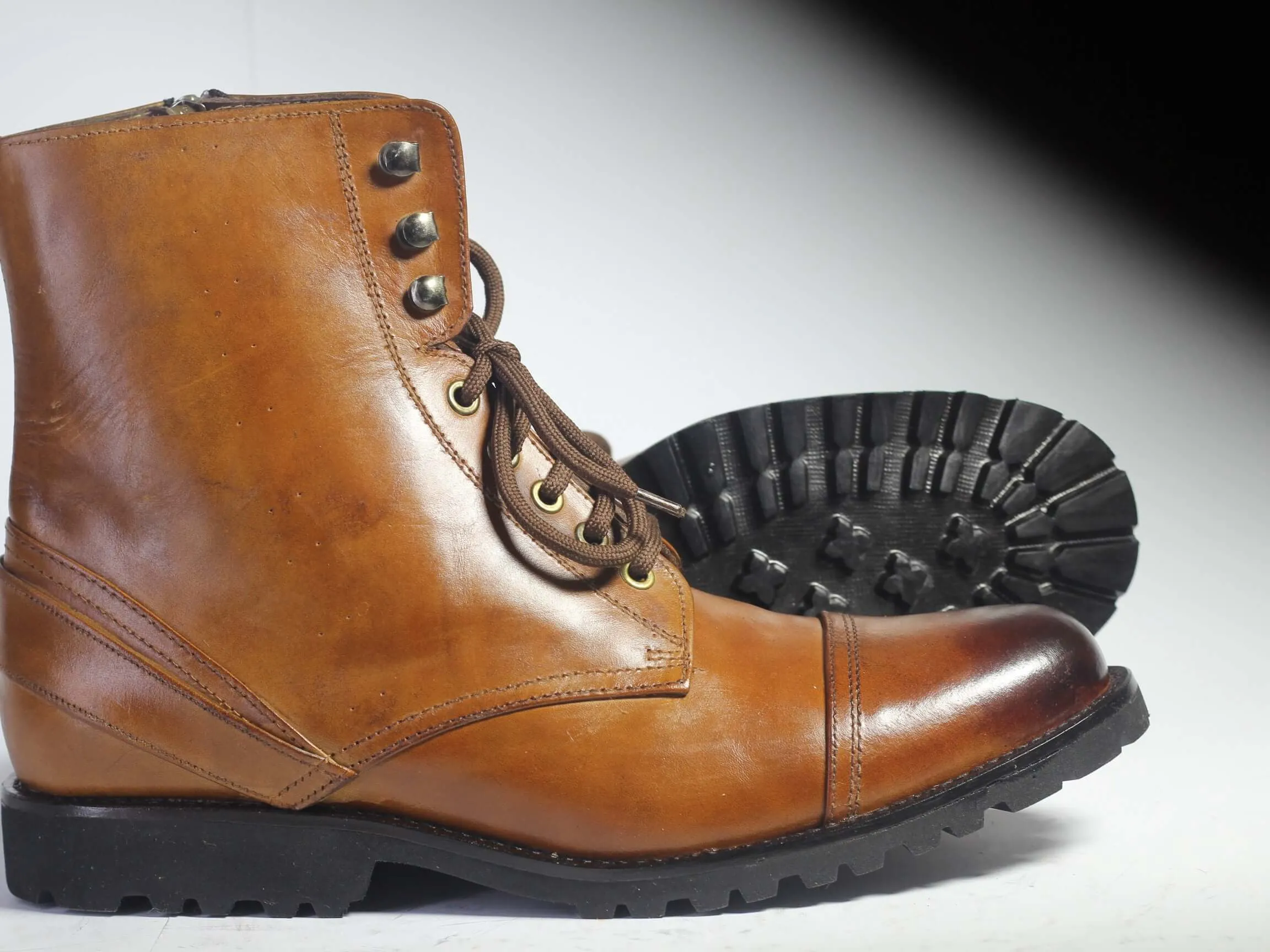 Handmade Brown Cap Toe Leather Lace Up Boots, Men Ankle High Designer Boots