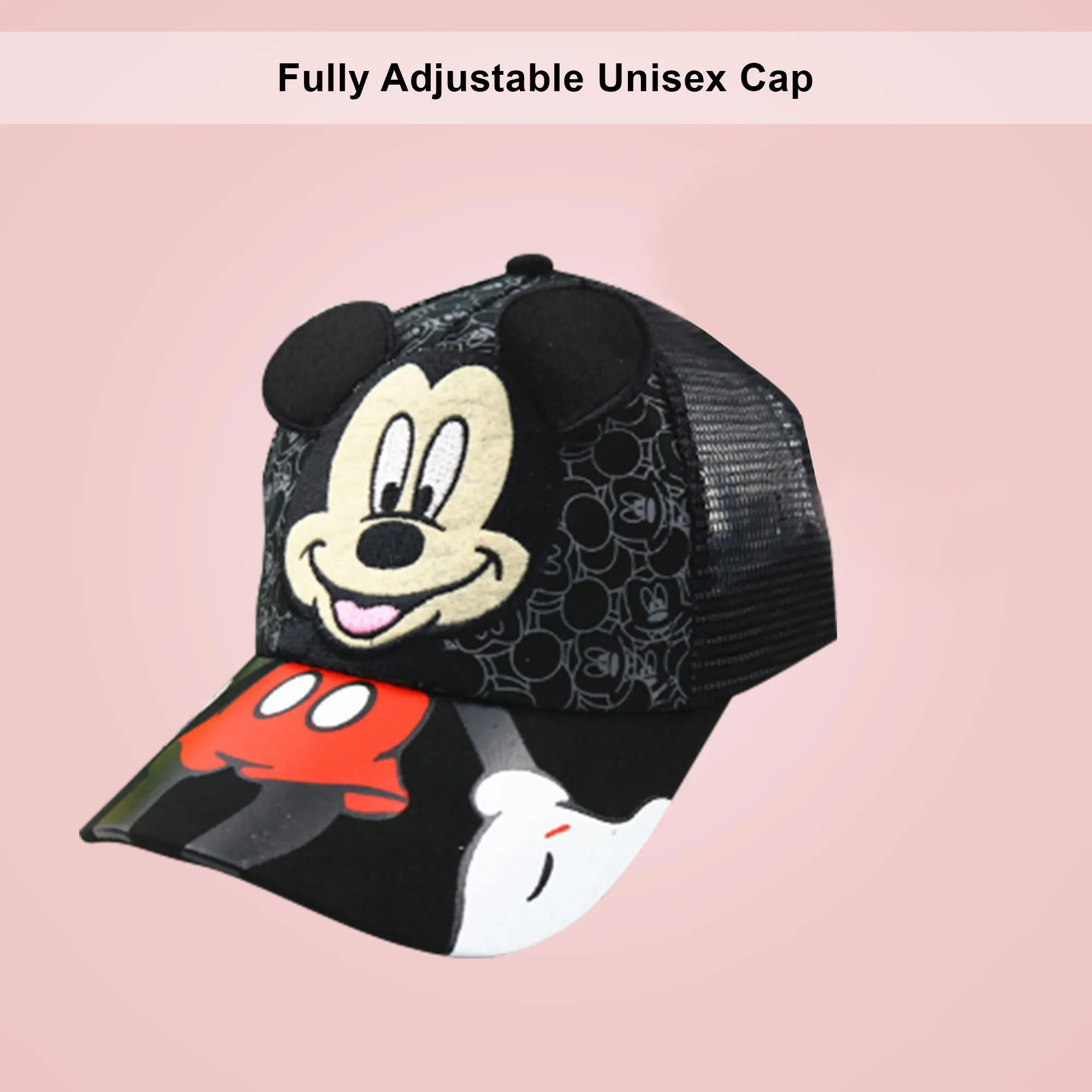 Homestic Mickey Mouse Cap | Adjustable Cap for Boys and Girls | Cartoon Character Printed Little Cap for Kids | Cap for 7-12 Year Old Baby Girls and Boys | QI0102-B | Black