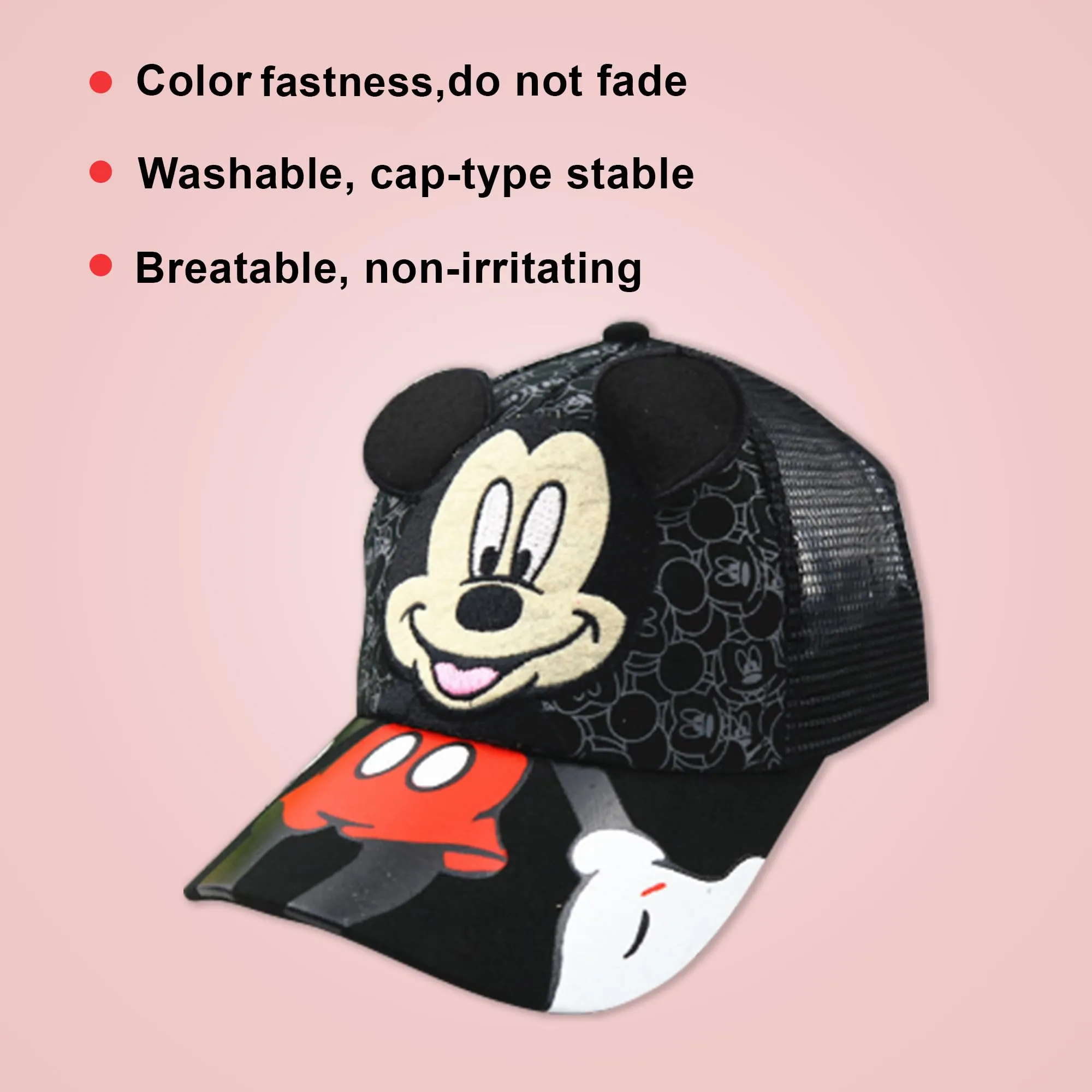 Homestic Mickey Mouse Cap | Adjustable Cap for Boys and Girls | Cartoon Character Printed Little Cap for Kids | Cap for 7-12 Year Old Baby Girls and Boys | QI0102-B | Black