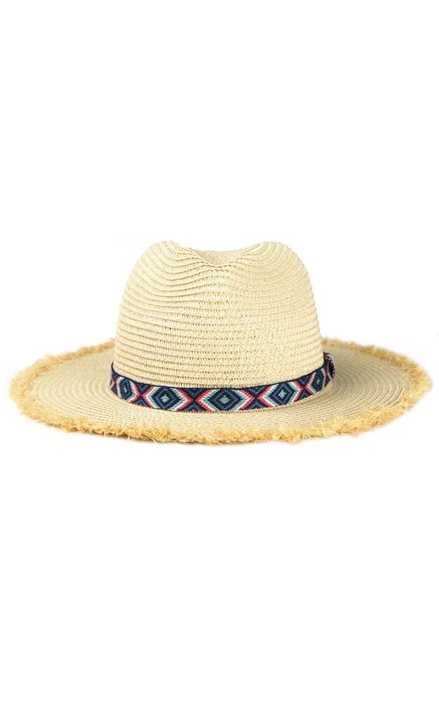 MH0038 Frayed Trim Aztec Straw Hat