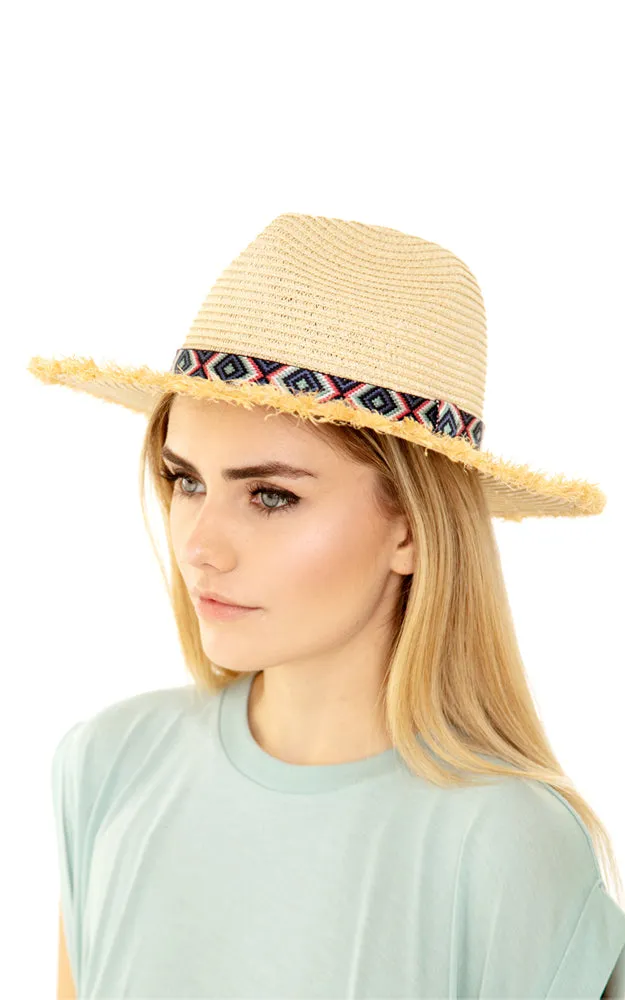 MH0038 Frayed Trim Aztec Straw Hat