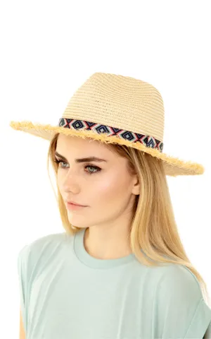 MH0038 Frayed Trim Aztec Straw Hat