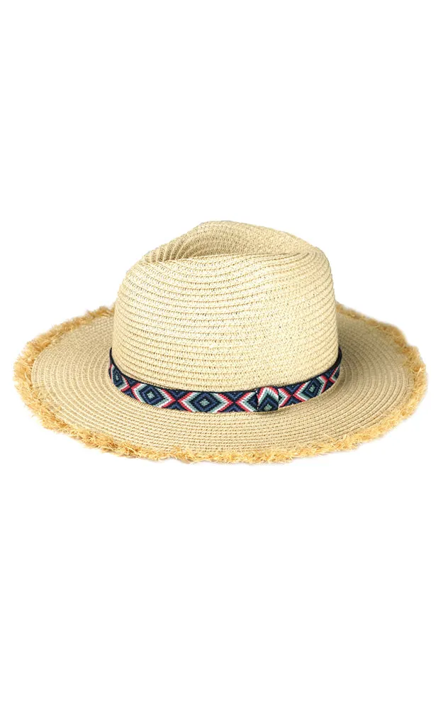 MH0038 Frayed Trim Aztec Straw Hat