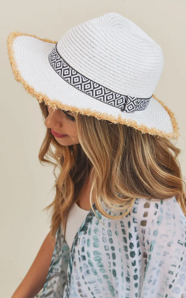 MH0039 Frayed Trim Aztec Straw Hat