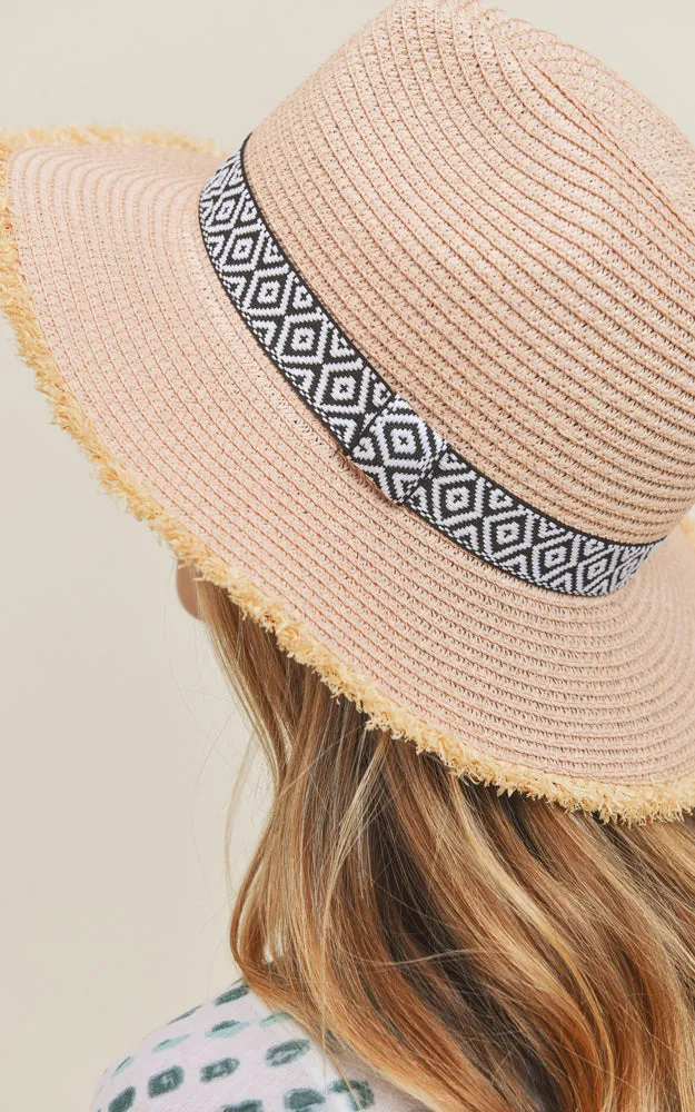 MH0039 Frayed Trim Aztec Straw Hat