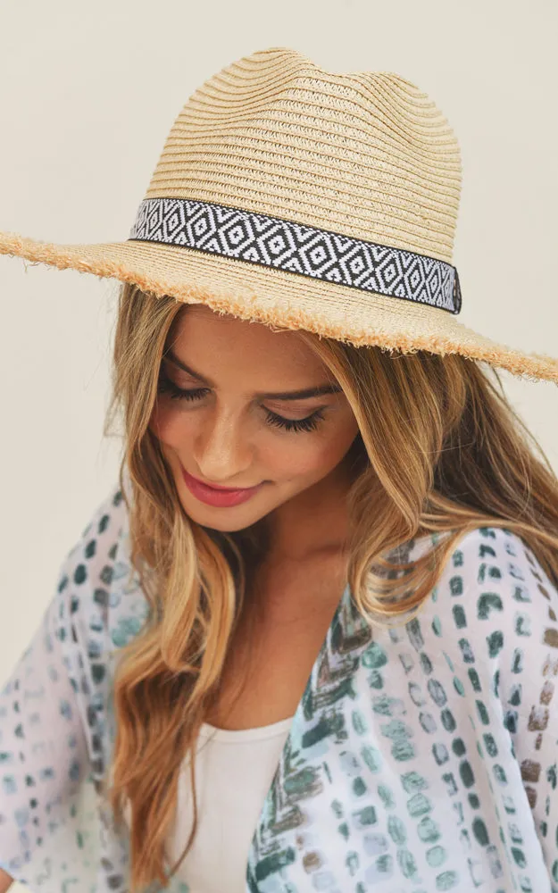 MH0039 Frayed Trim Aztec Straw Hat