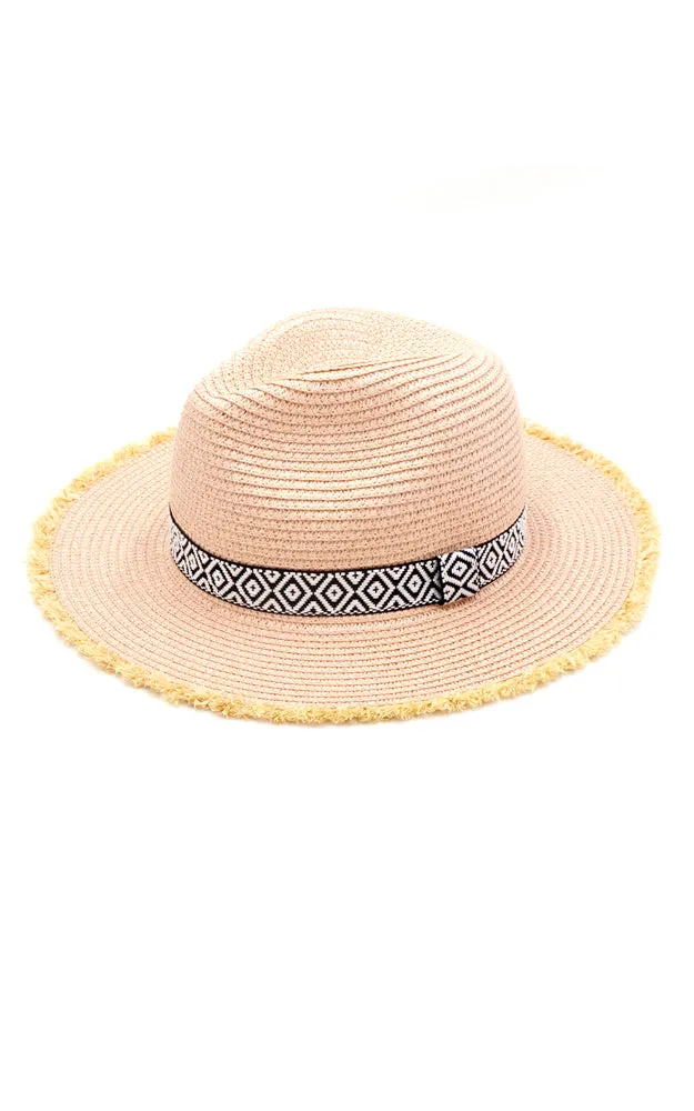 MH0039 Frayed Trim Aztec Straw Hat