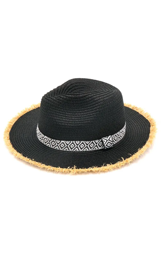 MH0039 Frayed Trim Aztec Straw Hat