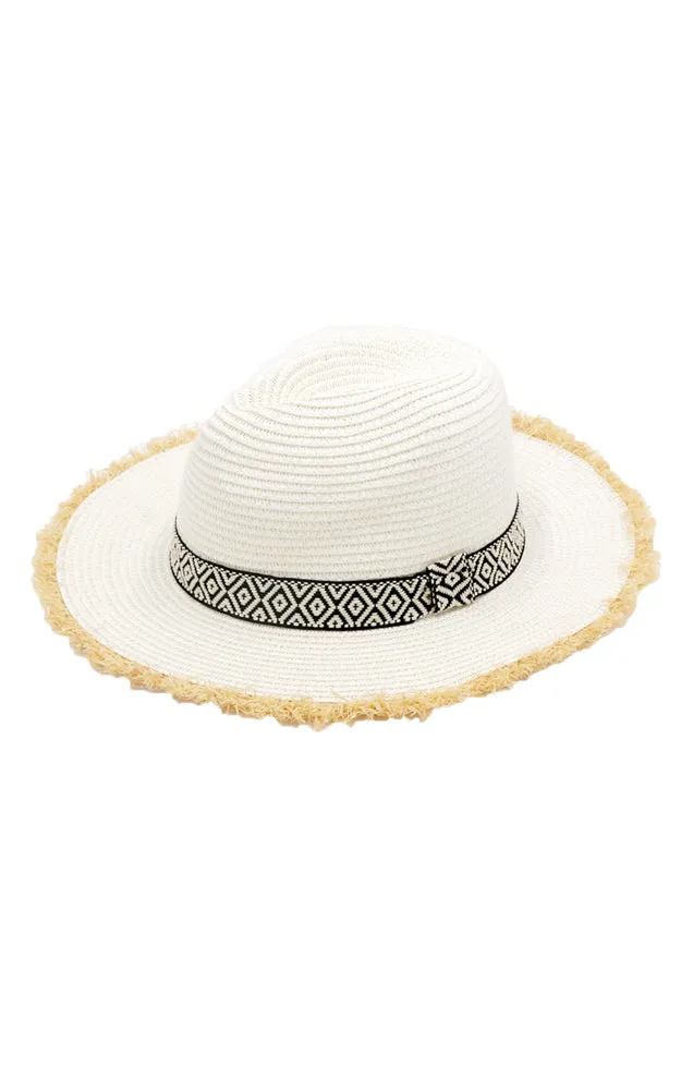 MH0039 Frayed Trim Aztec Straw Hat