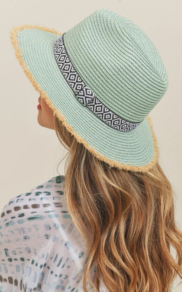MH0039 Frayed Trim Aztec Straw Hat