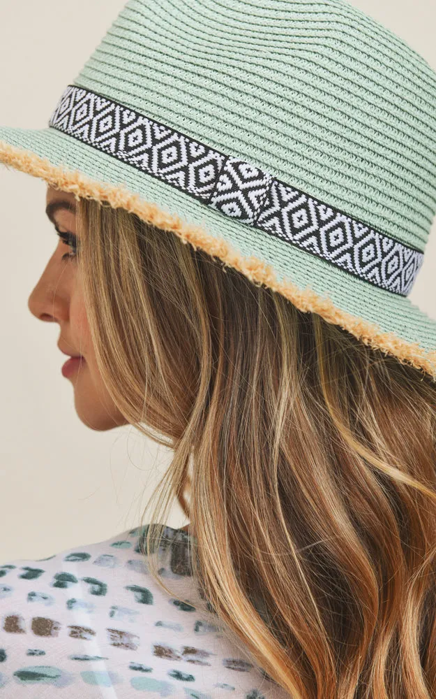 MH0039 Frayed Trim Aztec Straw Hat