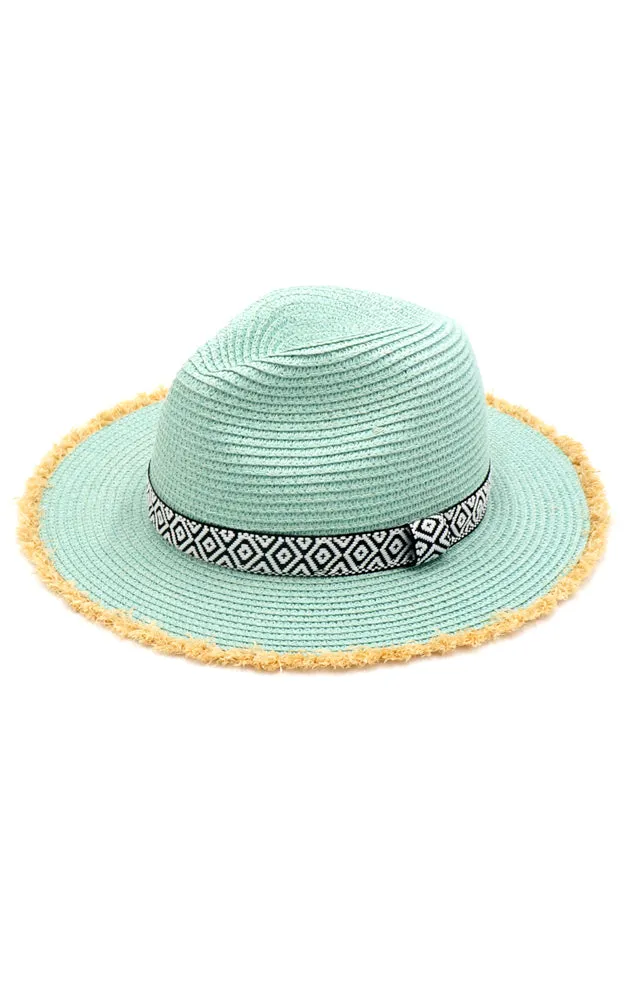 MH0039 Frayed Trim Aztec Straw Hat