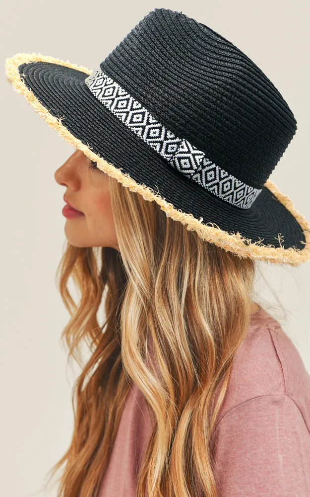MH0039 Frayed Trim Aztec Straw Hat
