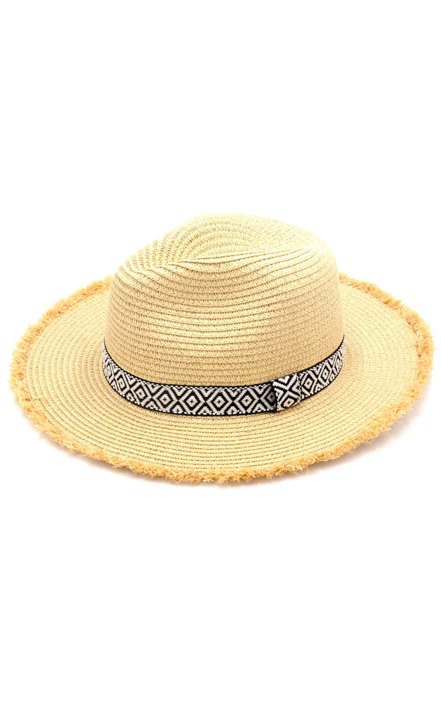 MH0039 Frayed Trim Aztec Straw Hat
