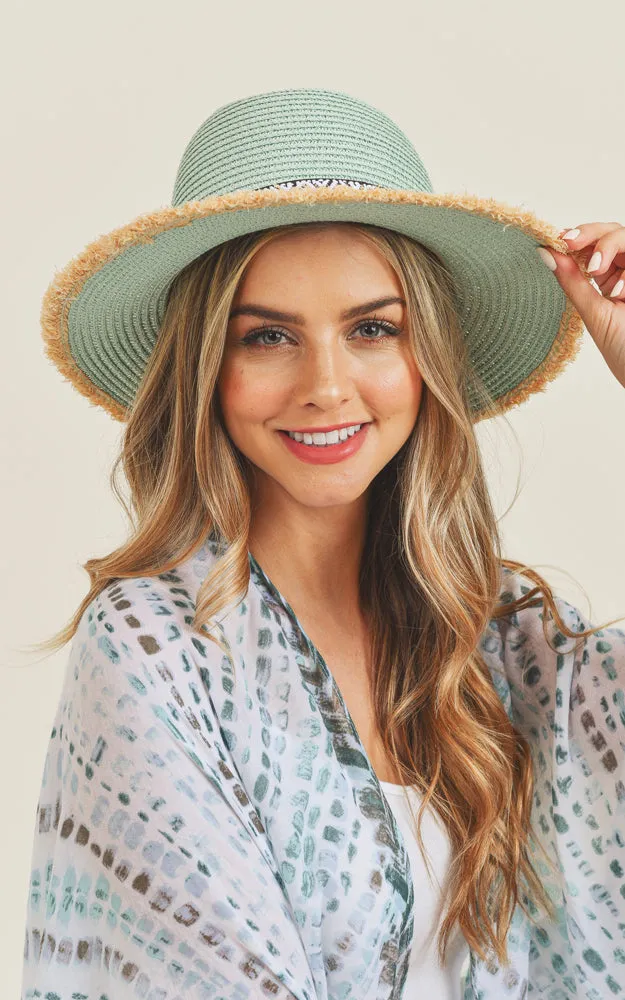 MH0039 Frayed Trim Aztec Straw Hat