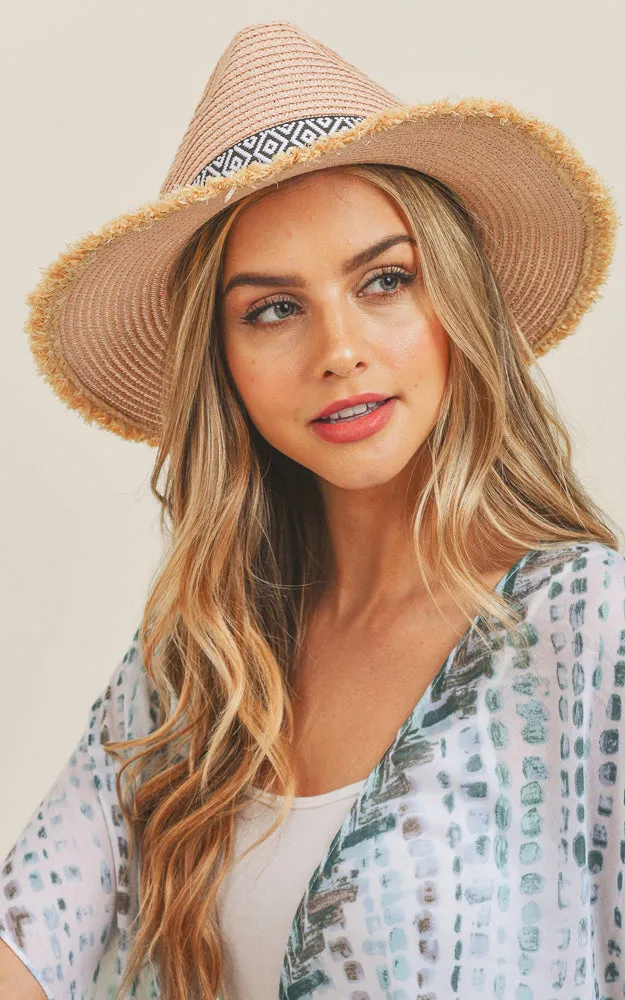 MH0039 Frayed Trim Aztec Straw Hat