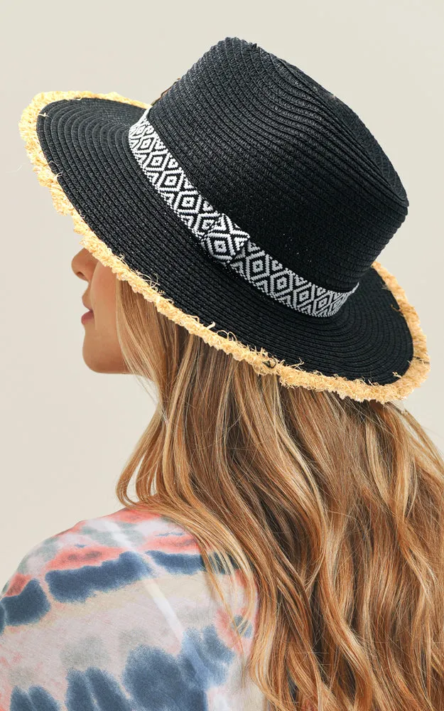 MH0039 Frayed Trim Aztec Straw Hat
