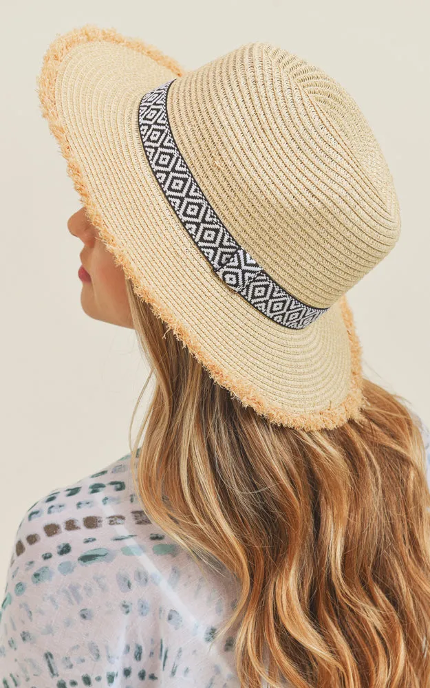 MH0039 Frayed Trim Aztec Straw Hat
