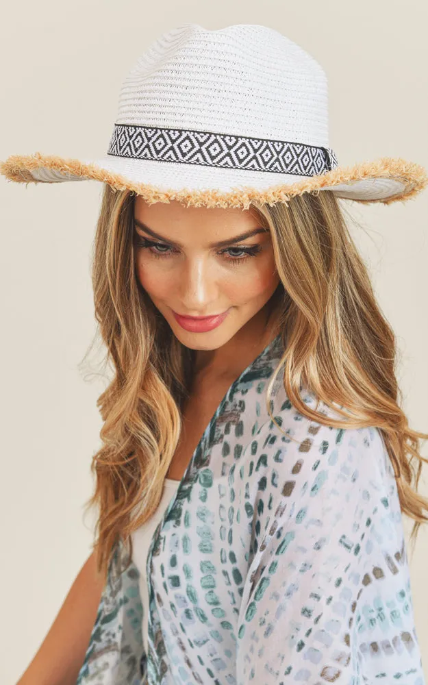 MH0039 Frayed Trim Aztec Straw Hat