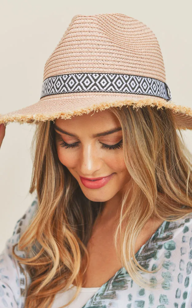MH0039 Frayed Trim Aztec Straw Hat