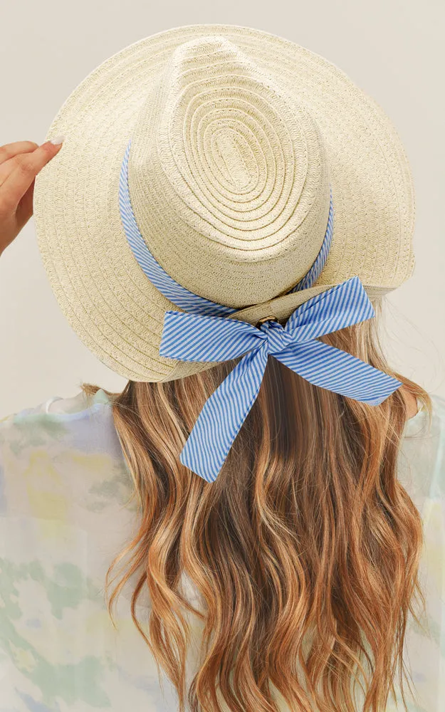 MH0064 Fold Striped Bow Summer Straw Floppy Beach Sun Hat