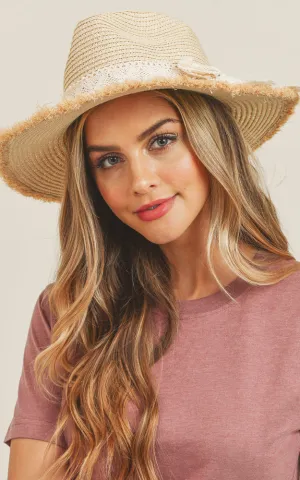 MH0067 Frayed Trim Lace Bow Straw Hat