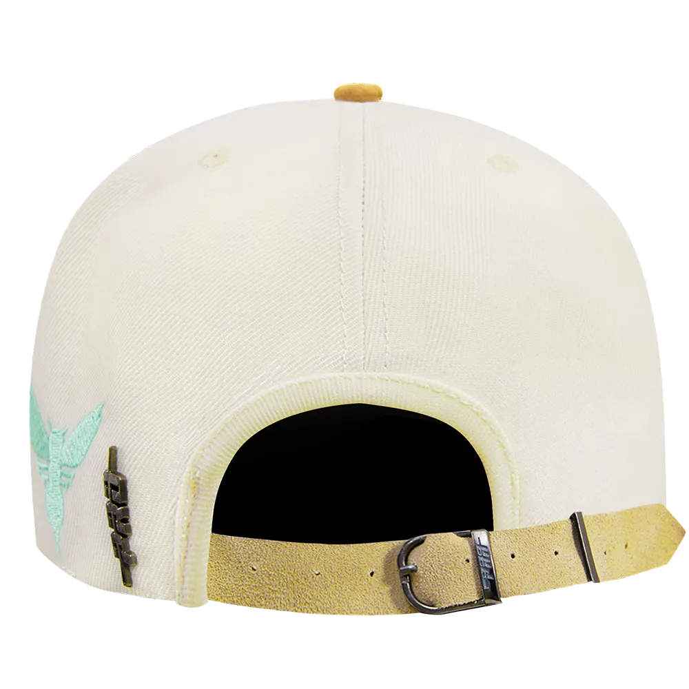 NBA CHARLOTTE HORNETS BUTTER SUEDE SCRIPT STRAPBACK HAT (EGGSHELL/SUEDE)