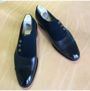 New Handmade Men's Blue Cap Toe Leather Suede Button Top Shoes, Men Designer Shoes