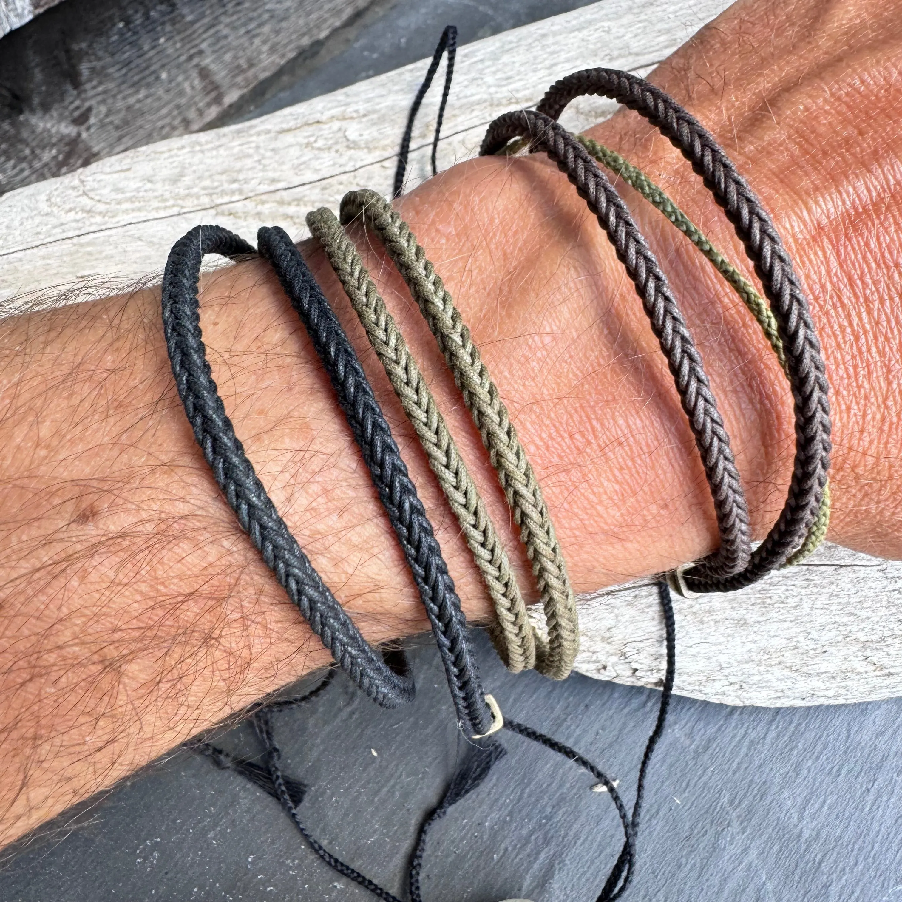 Oiled Cotton Bracelet with Brass Caps by Mathias Chaize