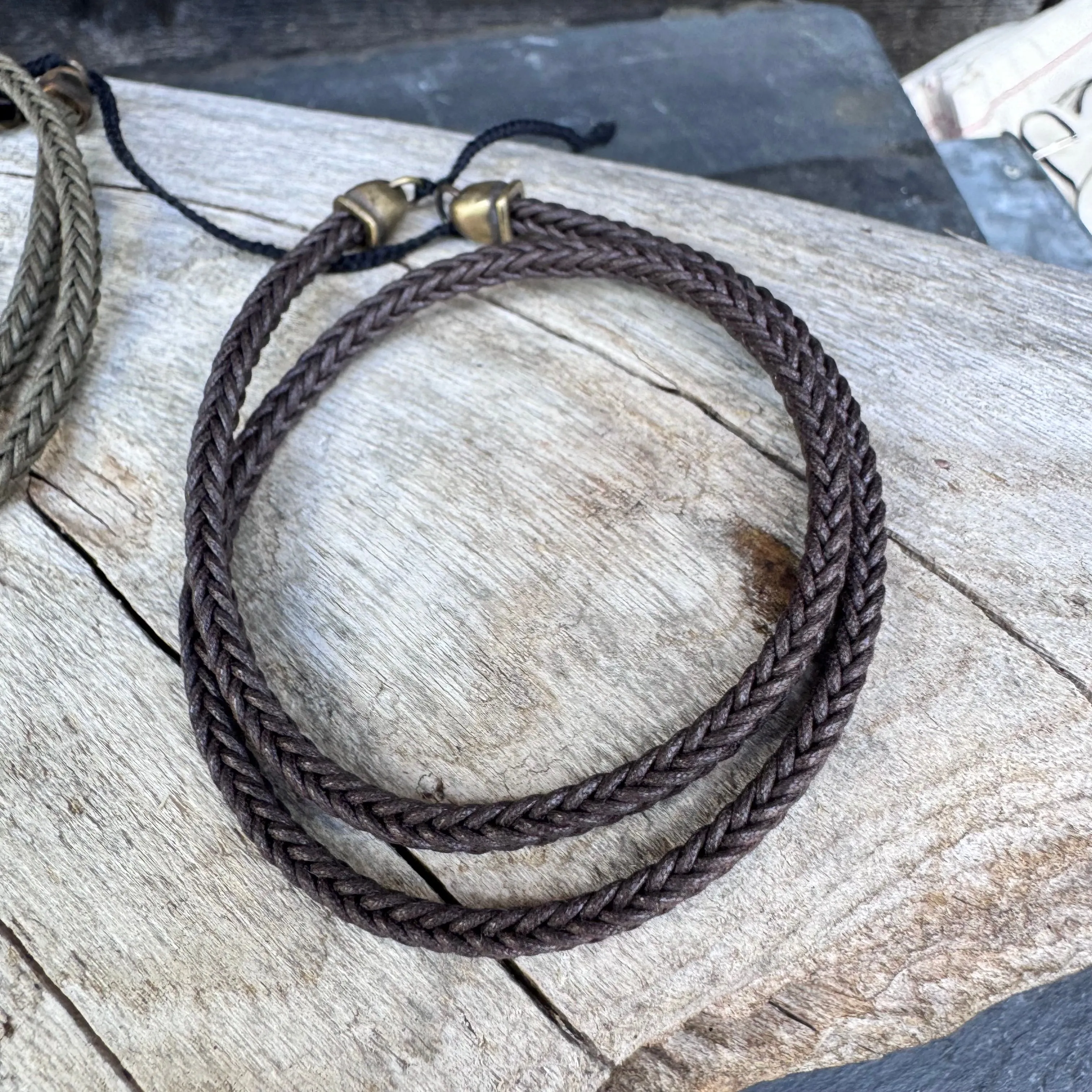 Oiled Cotton Bracelet with Brass Caps by Mathias Chaize