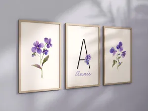 Personalized Set of 3 Violet Flower Art Prints, Wall Art, Bloom Bouquet, Nursery Decor, Play Room, Girl Baby Room Ideas