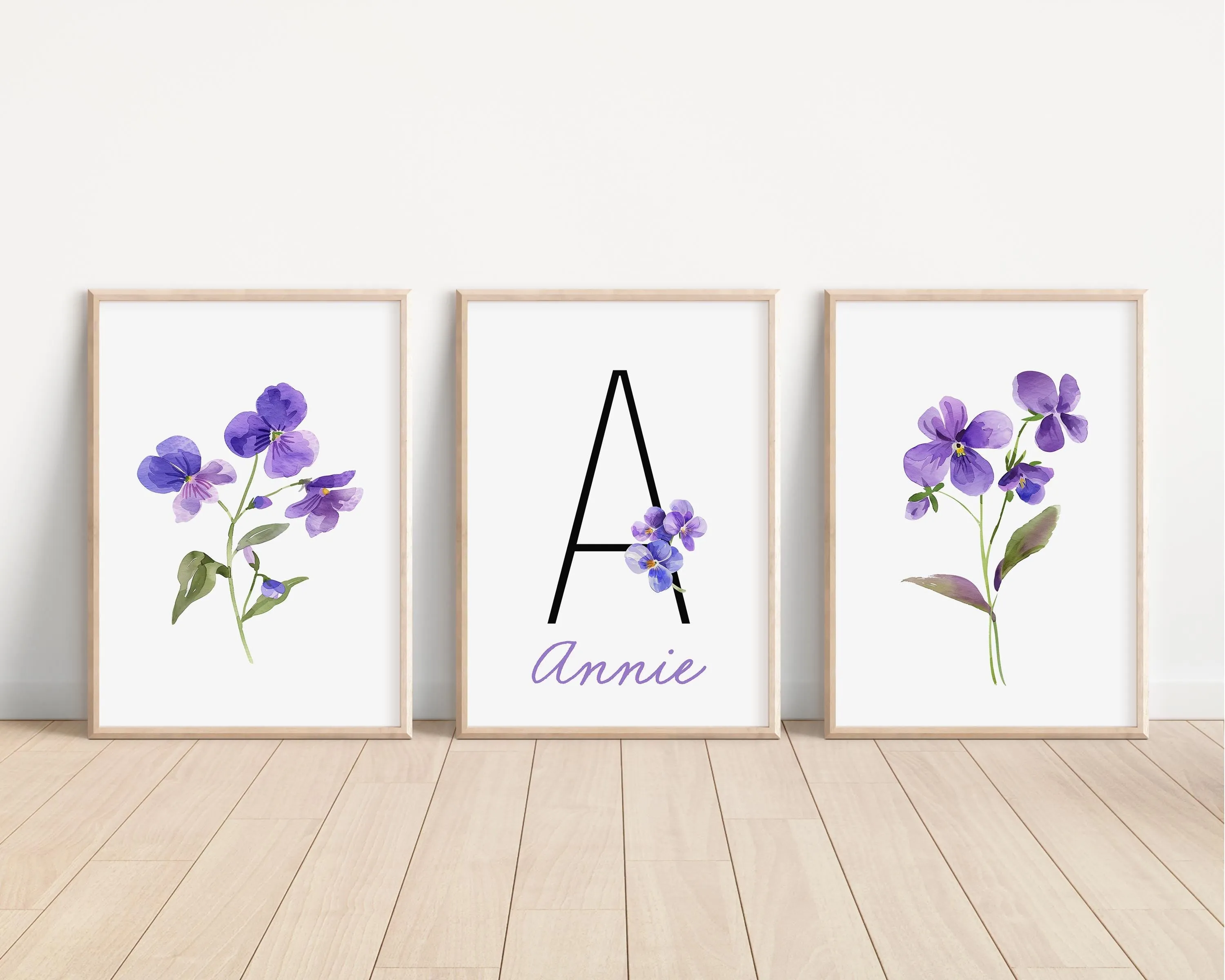 Personalized Set of 3 Violet Flower Art Prints, Wall Art, Bloom Bouquet, Nursery Decor, Play Room, Girl Baby Room Ideas