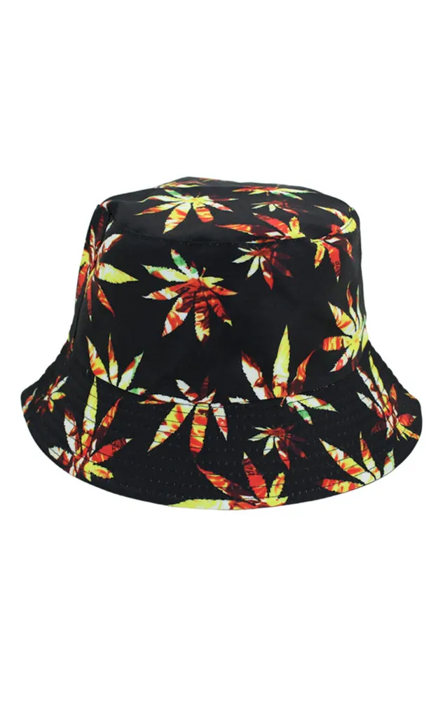 Reversible Multi Leaves Print Cotton Bucket Hat