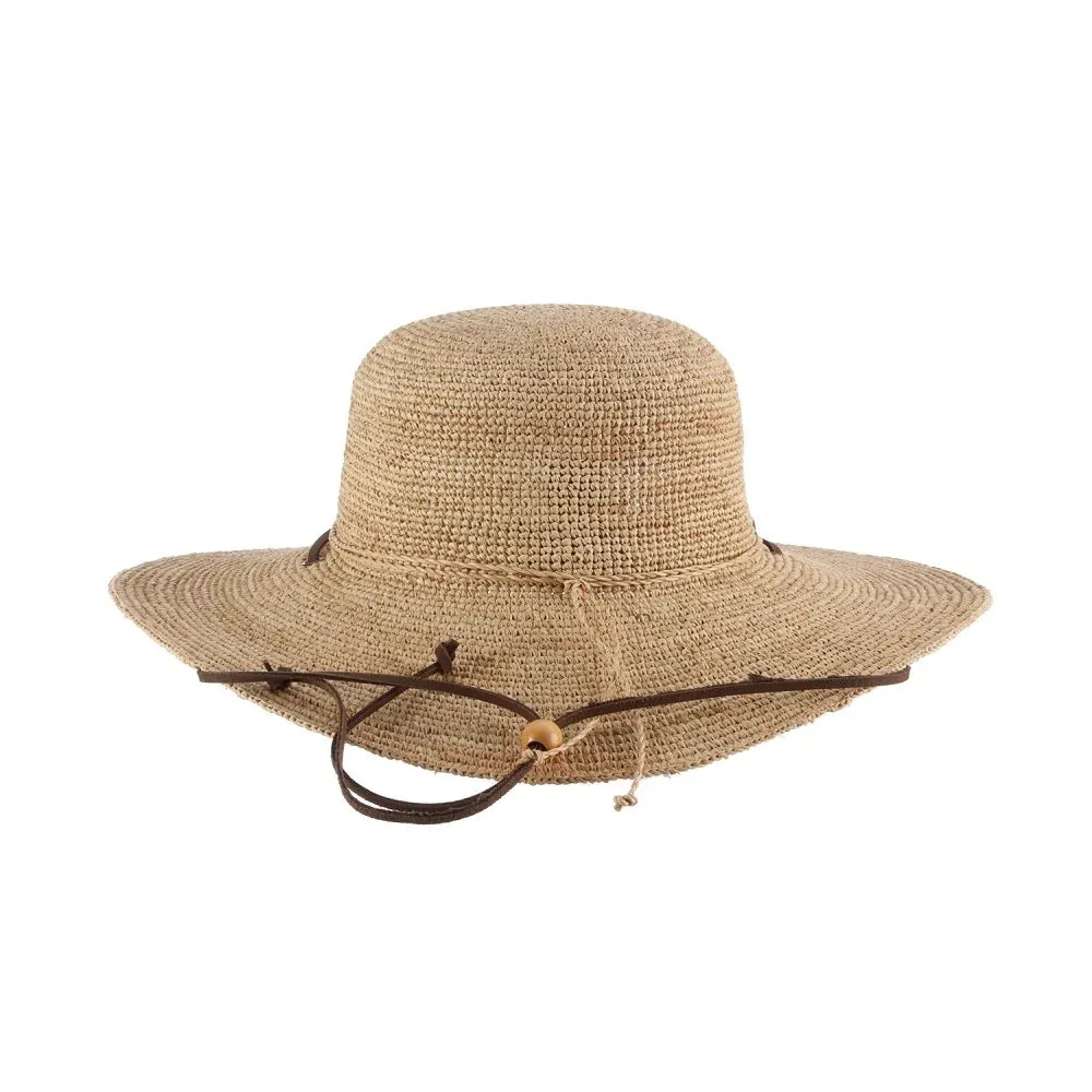 Scala - Crocheted Raffia Hat with Leather Chin Cord