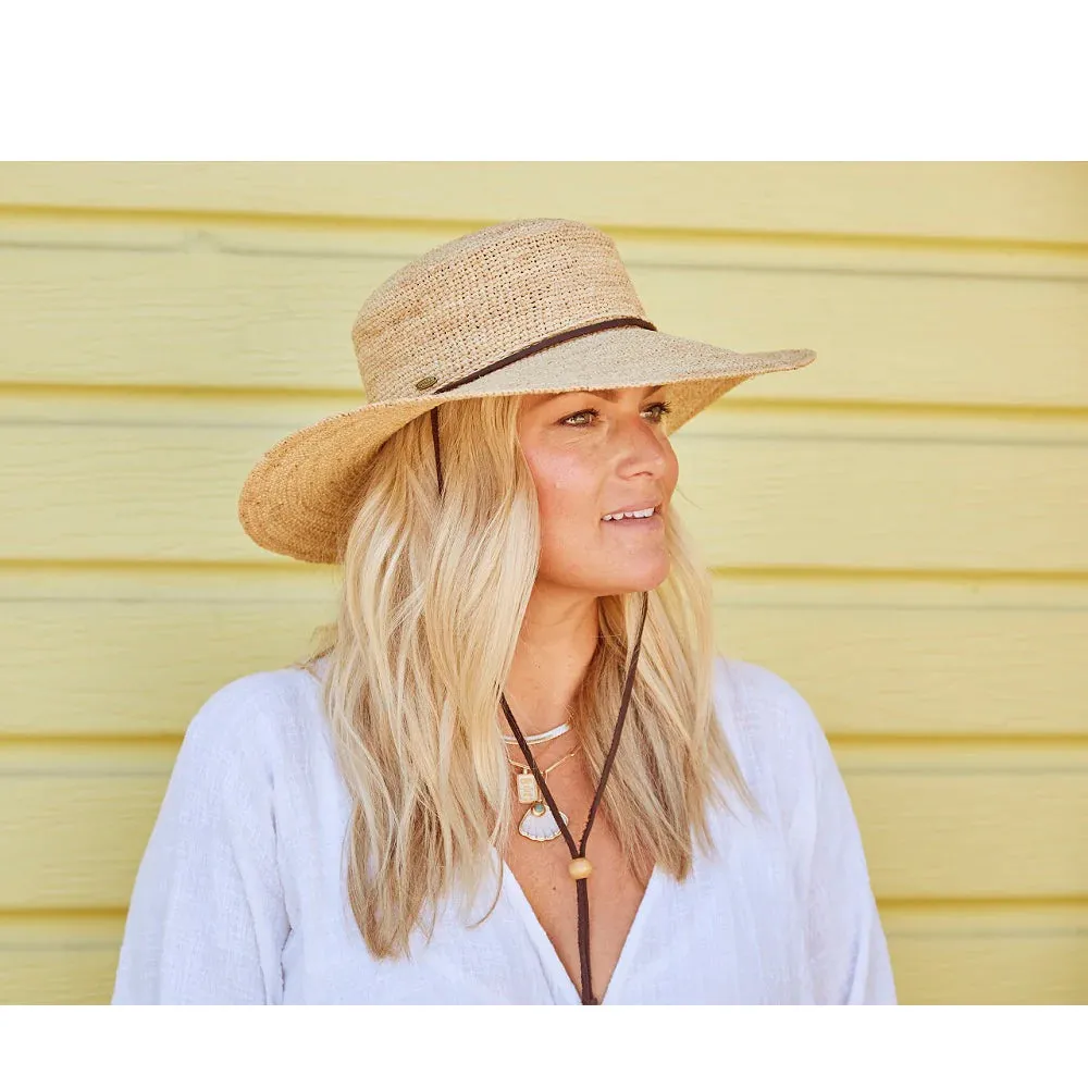 Scala - Crocheted Raffia Hat with Leather Chin Cord