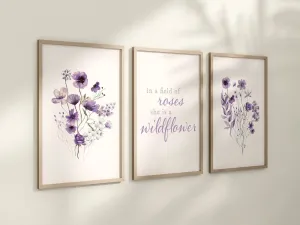 Set of 3 Boho Lavender Wildflowers Floral Art Prints, Leaf Art, Botanical,  Bloom Bouquet, Nursery Decor, Girl Baby Room Ideas 086