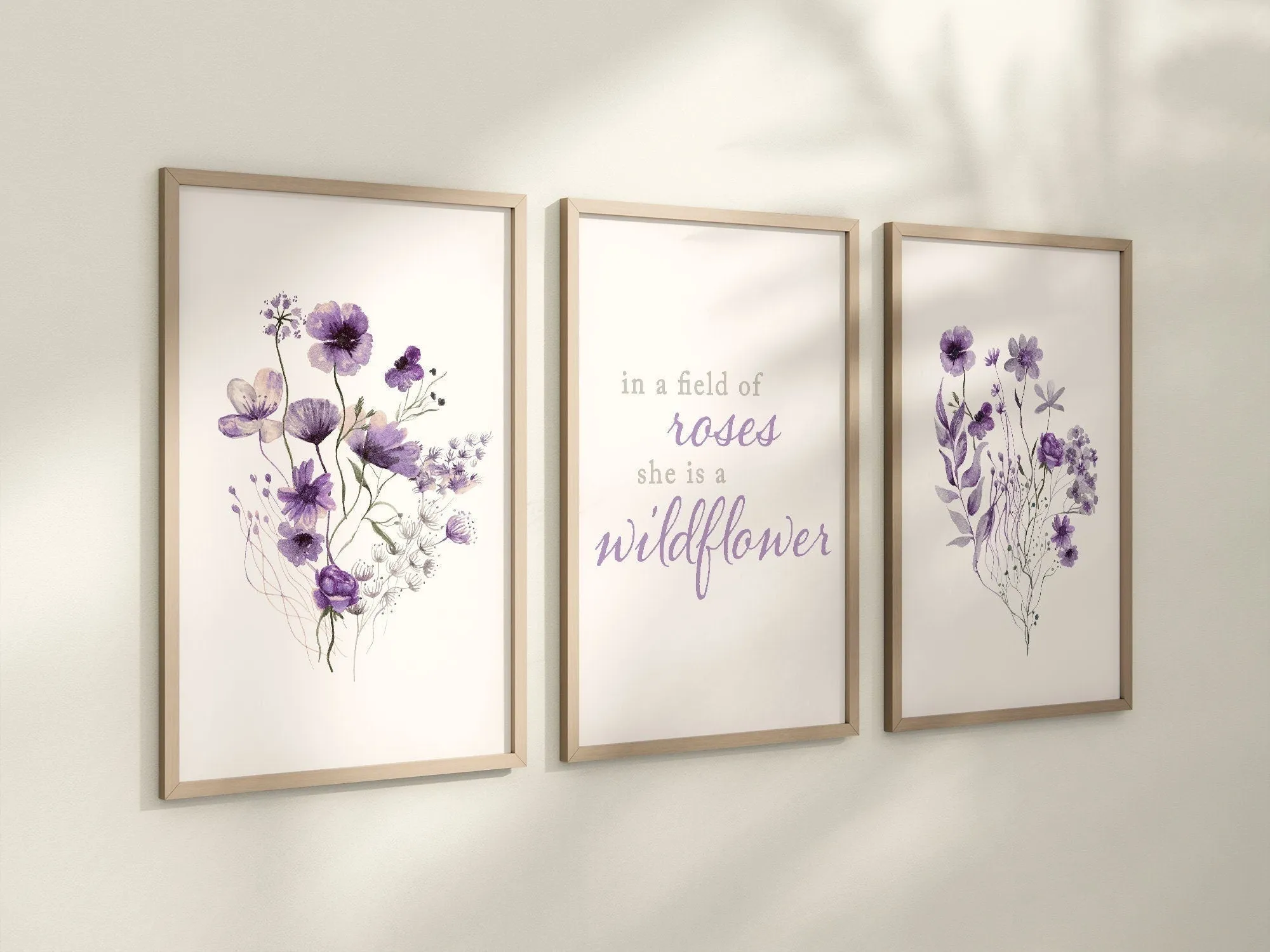 Set of 3 Boho Lavender Wildflowers Floral Art Prints, Leaf Art, Botanical,  Bloom Bouquet, Nursery Decor, Girl Baby Room Ideas 086