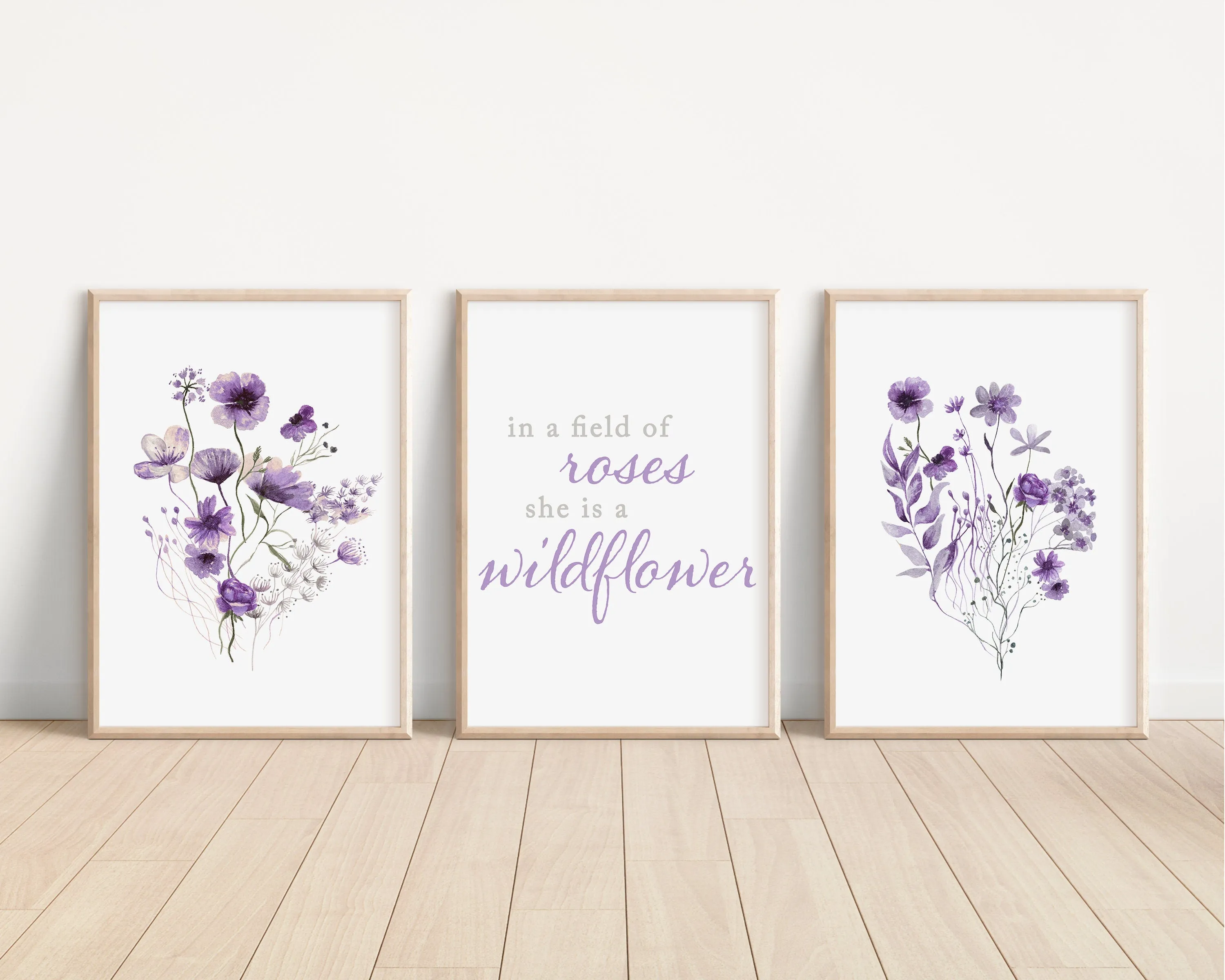 Set of 3 Boho Lavender Wildflowers Floral Art Prints, Leaf Art, Botanical,  Bloom Bouquet, Nursery Decor, Girl Baby Room Ideas 086