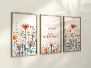Set of 3 Pastel Wildflowers Floral Art Prints, Leaf Art, Botanical, Bloom Bouquet, Nursery Decor, Play Room, Girl Baby Room Ideas