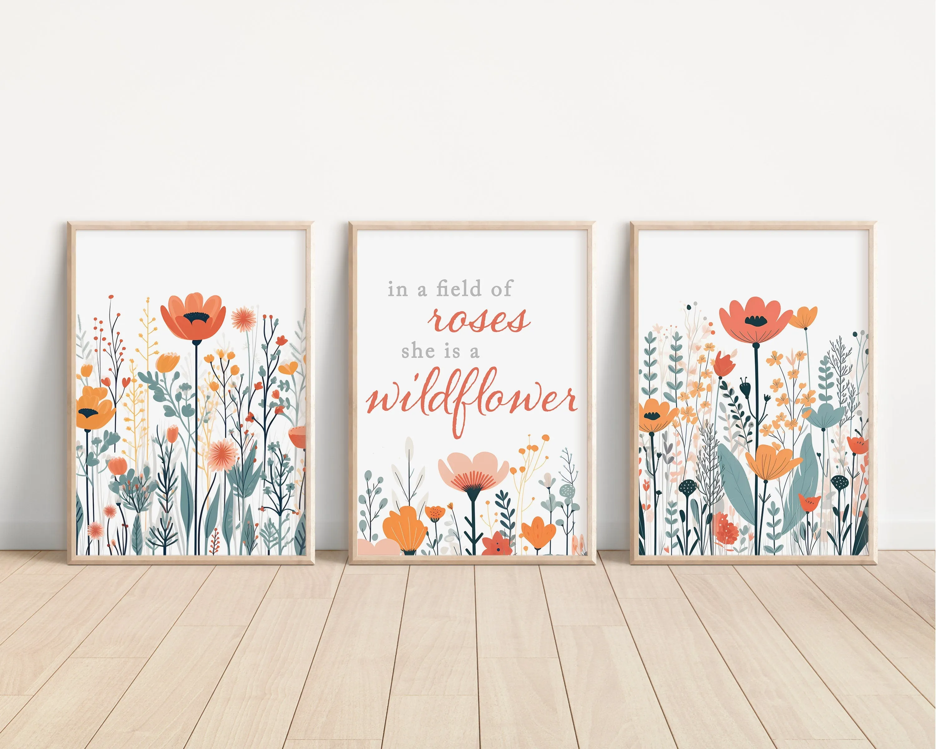Set of 3 Pastel Wildflowers Floral Art Prints, Leaf Art, Botanical, Bloom Bouquet, Nursery Decor, Play Room, Girl Baby Room Ideas