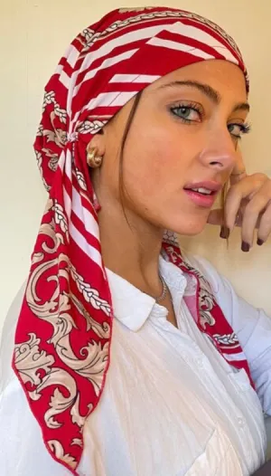 Turban Hair Scarf Gift | Elegant Red Head Scarf Tie Back Cap For Women Easy Slip On Style Pre-Tied | Proudly Made in USA