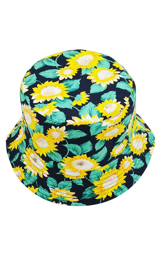 WHU210152 Reversible Sun Flower Print Cotton Bucket Hat