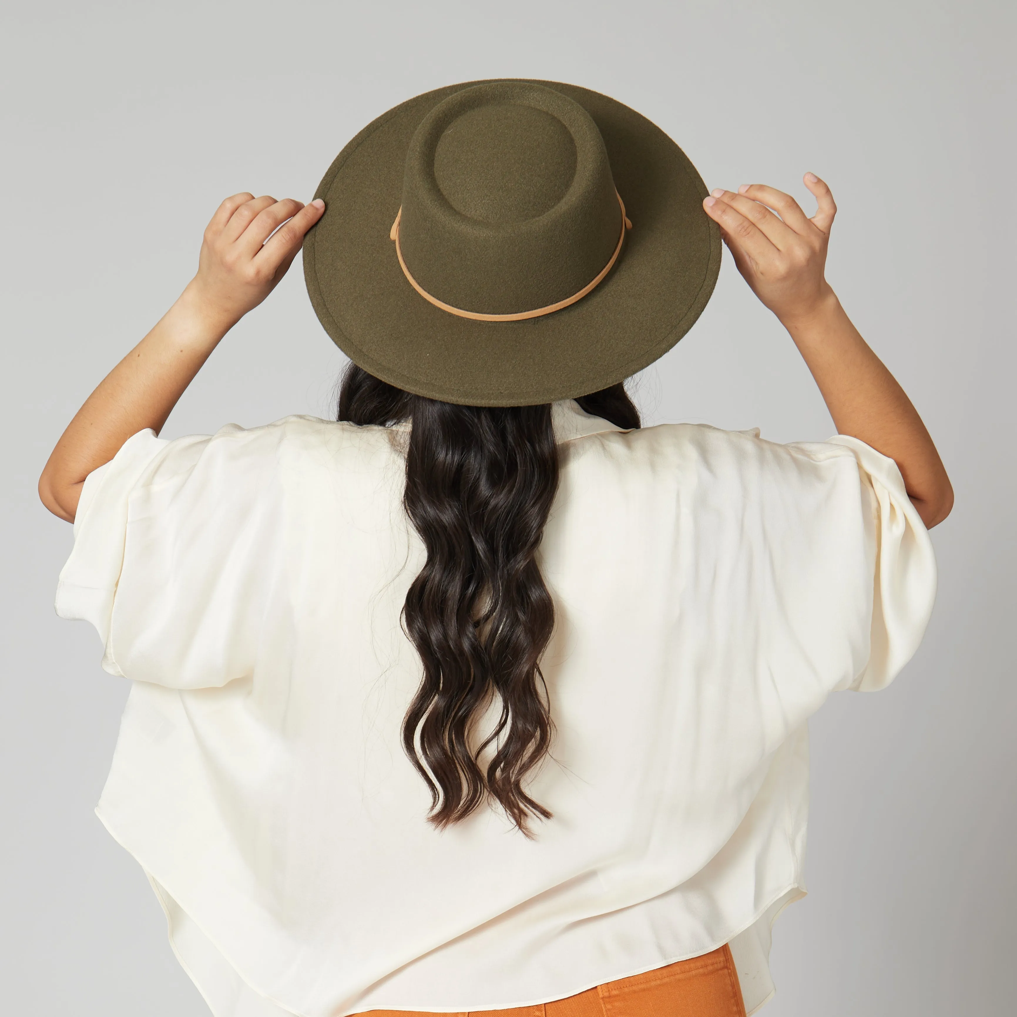 Women's Faux Felt Boater W/ Faux Leather Chin Cord